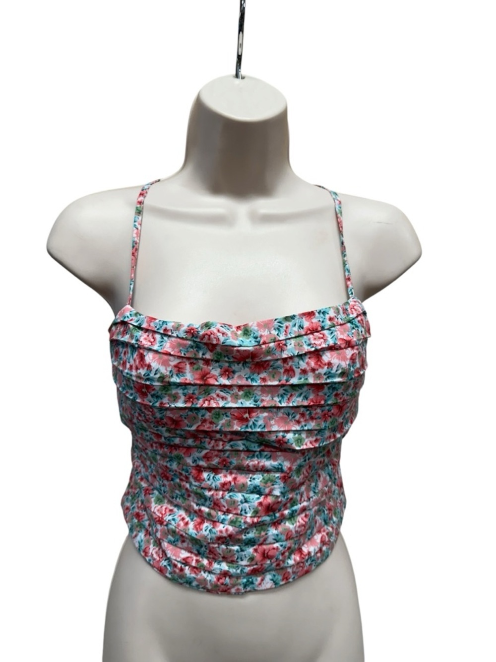 Pastiche floral ruched halter top corset lace up back dainty romantic XS
